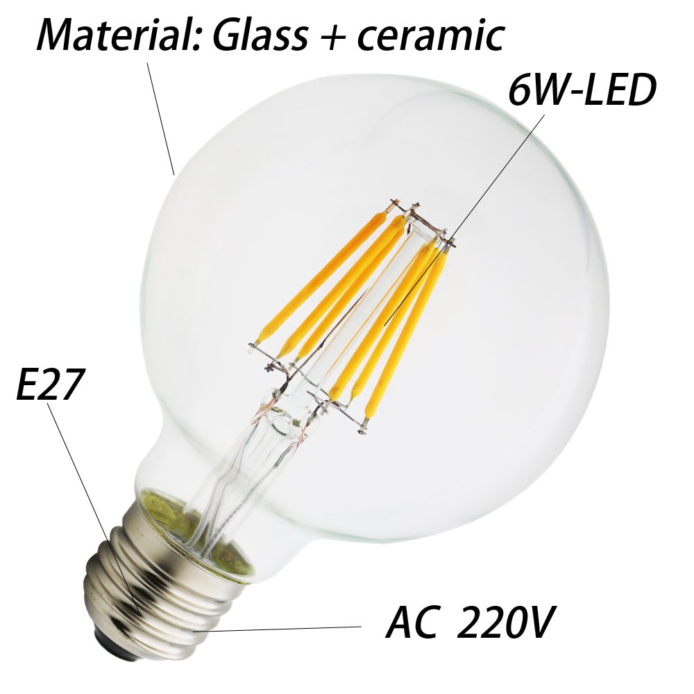 G80 E27, nowe żarówki LED Edison, żarówki energooszczędne, przyjazne dla środowiska, 6 W, AC 220 V, sferyczna żarówka, 2200 K, ciepła biel, kryształowo czyste szkło, 6 sztuk