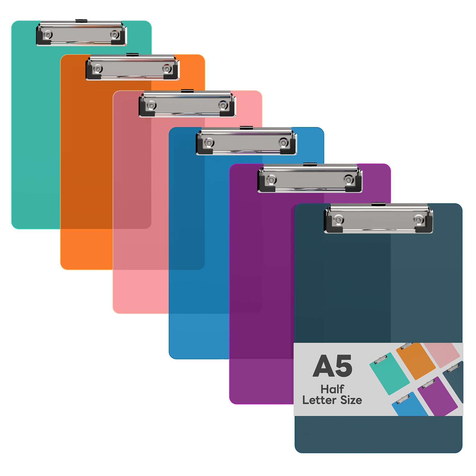 Juvealoe 6 x 9 Small Clipboard Set of 6, A5 Plastic Mini Colored Clip Boards with Low Profile Clip, Half-Letter Size for Classroom, Teacher, Students,