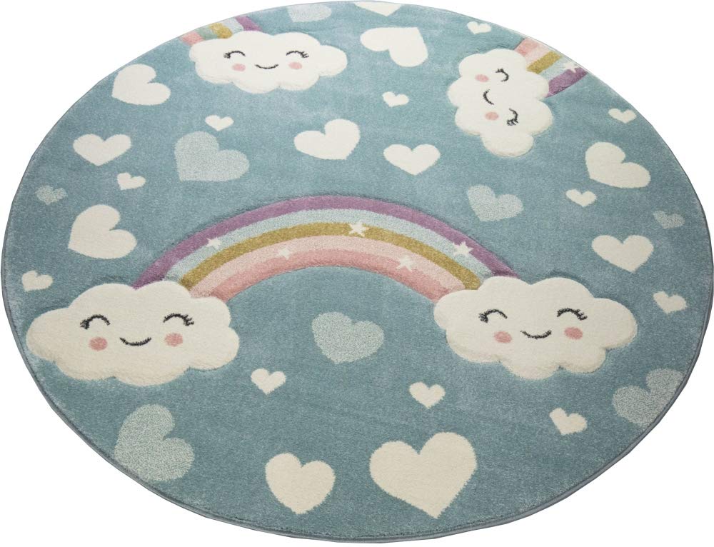 Teppich-Traum Tappeto per Bambini in Camera Arcobaleno con Nuvole e Cuori Blu Größe 120x170 cm