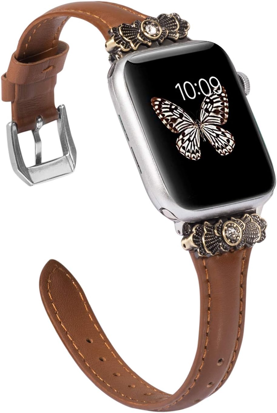 Wearlizer Brown Leather Compatible with Apple Watch Thin Band 38mm 40mm for iWatch SE Womens Slim Metal with Cute Decoration Strap Replacement Wristband Bracelet (Silver Clasp) Series 6 5 4 3 2 1