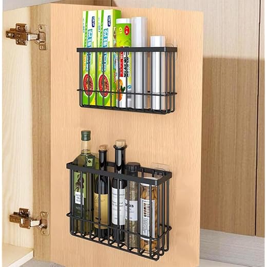 2 Pieces Kitchen Cabinet Door Storage Box, Self-Adhesive Storage Box, Wall Mounted Metal Storage Boxes,Cabinet/Bathroom/Fridge Small Items Organiser Storage Boxes (Black)