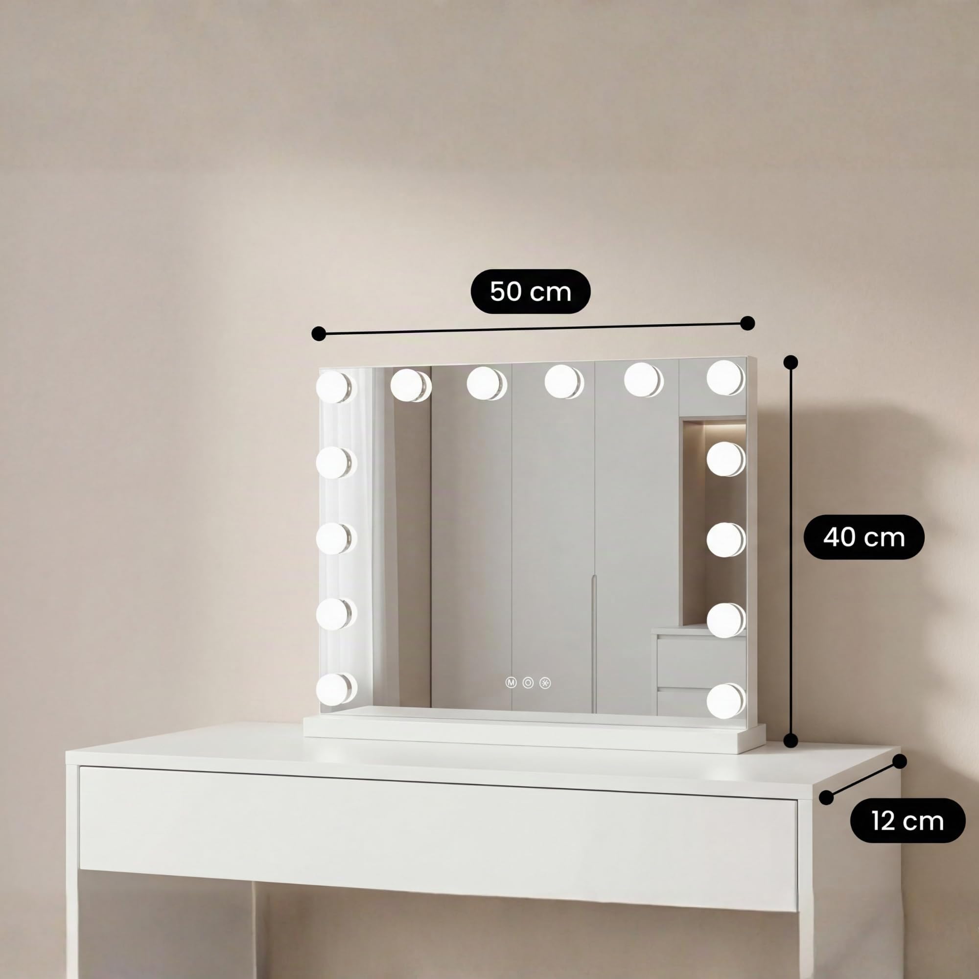 Bayt Specchio Trucco con luci LED – Specchio Hollywood Bianco 50x40 cm con 14 Lampadine Dimmerabili, 3 Tonalità di Luce (calda, fredda, naturale), Touch Screen & Specchietto Ingranditore 10x