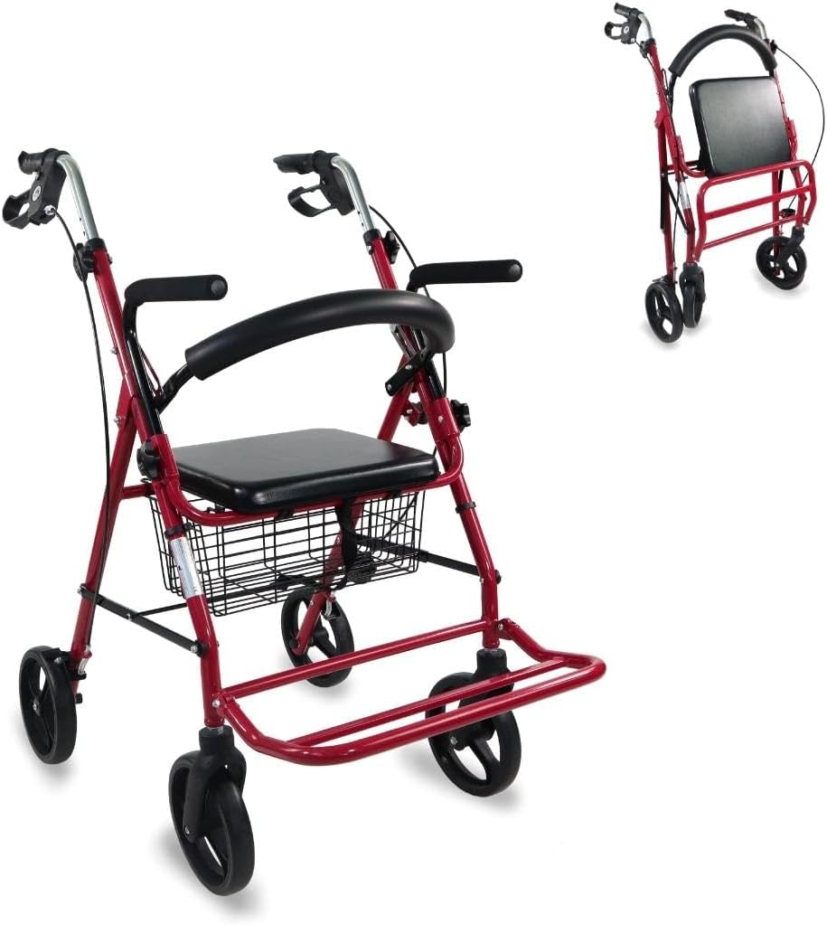 MobiclinicPRO, Walker with Seat, with Footrest, Foldable, Made of Aluminium, Strong and Light, Brakes on Handles, Rollator, European Brand, Model Colon, Colour Bordeaux
