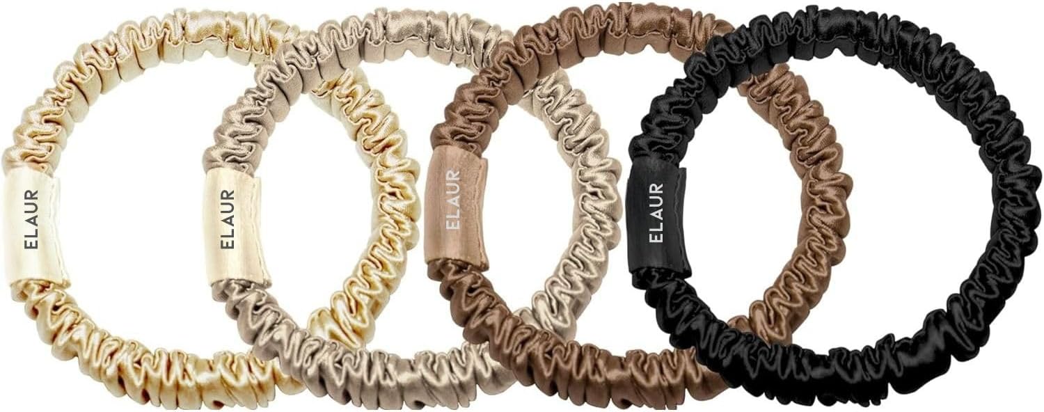 Silk Scrunchies, 100% Pure Mulberry Hair Ties 22 Momme Anti Hair Loss No Breakage Anti Crease Anti Frizz Accessories Black Elastic Hair Band for Women Girls Care 4Pcs (Brownie)