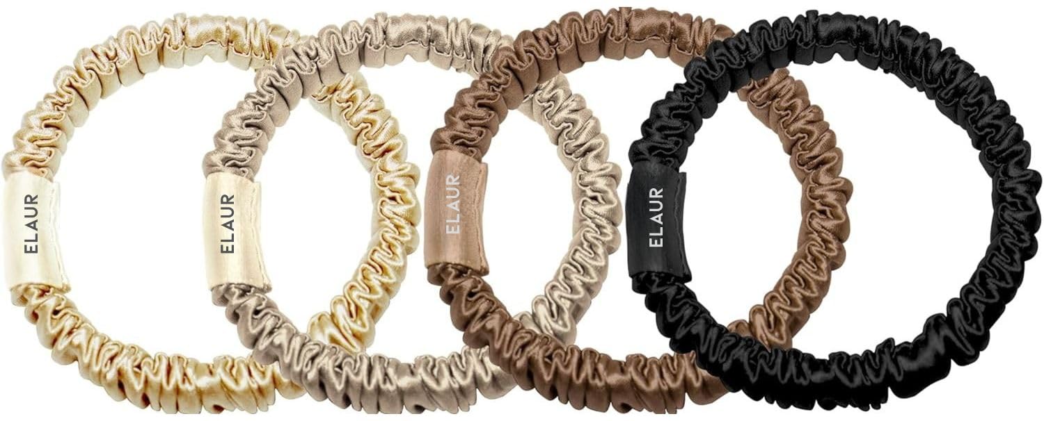 Silk Scrunchies, 100% Pure Mulberry Hair Ties 22 Momme Anti Hair Loss No Breakage Anti Crease Anti Frizz Accessories Black Elastic Hair Band for Women Girls Care 4Pcs (Brownie)