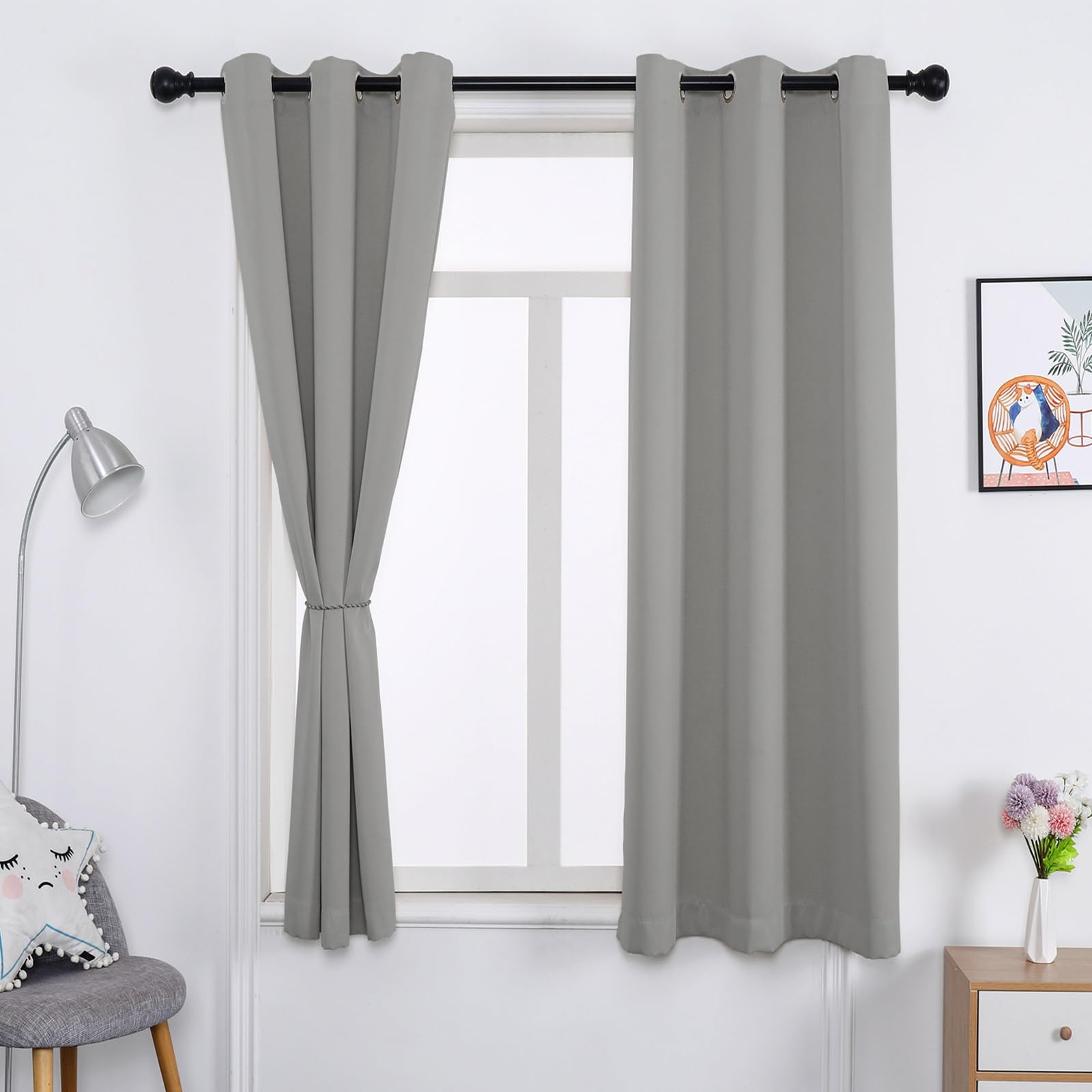 WUXXIANG Blackout Curtains Bedroom 150 x 70 cm Super Soft Thermal Insulated, Solid Curtains for Kitchens, with Matching Tie Backs, for Bedroom Nursery, Light Grey — image 1