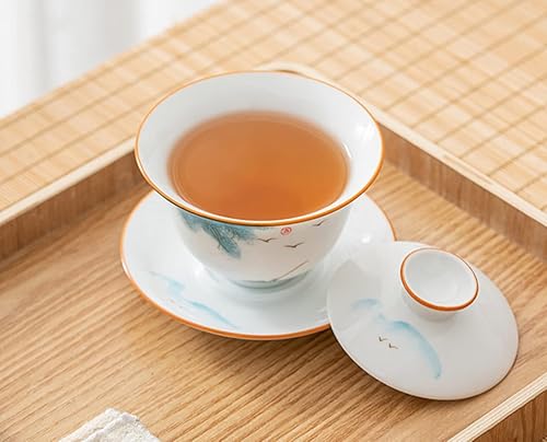 Miniatura 7 de Emoyi Juego de tazas de té River Pattern Porcelana Gaiwan Kungfu Tazón de té con tapa y platillo 4.1 fl oz