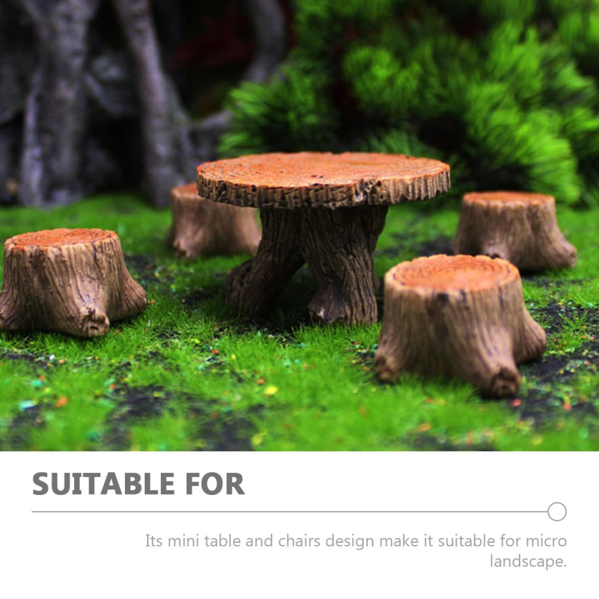 1 Satz Minihocker Mikro Pflanzen Miniatur-Tischstühle Mini-Gartenstühle Wohnkultur Harz-Stumpfhocker- Harz Stuhl Tisch Handwerk Baumstumpftisch Feengartendekor