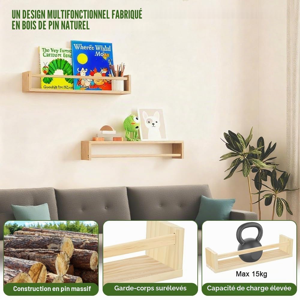 HEKOBAG Lot de 4 Étagères Murales Flottantes en Bois, 41cm Étagère Livres Flottante, Étagère à Livres pour Enfants, Bibliothèque Murale Flottante pour Chambre à Coucher, Salon, Salle de Bain