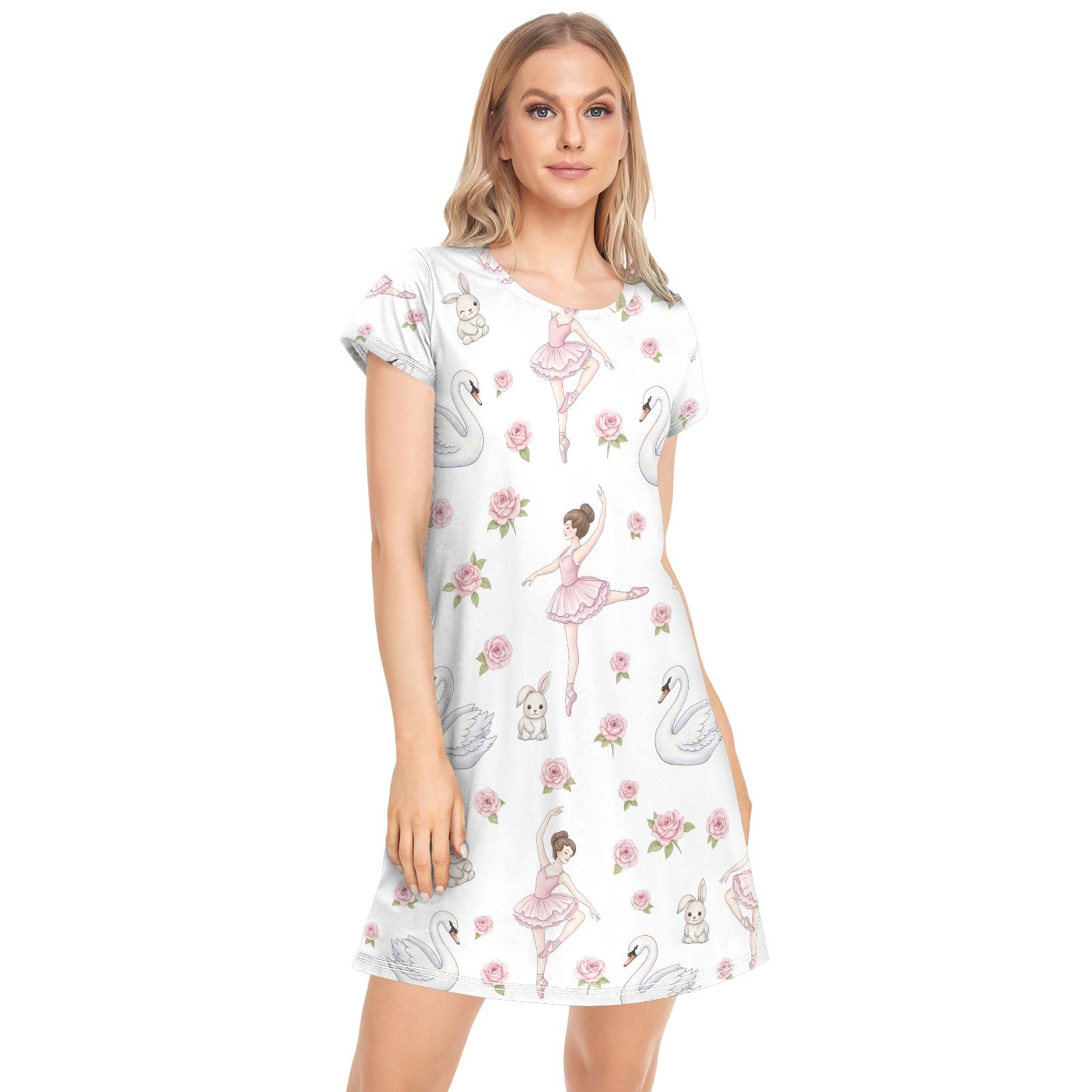 Short Sleeve Womens Nightgowns for Nightdress Pajamas - Ballet Dancers White Design Sleep Dress Printed Sleepshirts