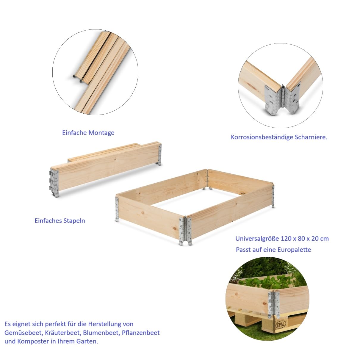 BURI Nieuwe 3 stuks verhoogd bloembed palletframe 120 x 80 x 20 cm groot - houten frame 20 mm wanddikte, opvouwbaar, insteekbaar en stapelbaar - professioneel opzetframe, ideaal als plantenbed