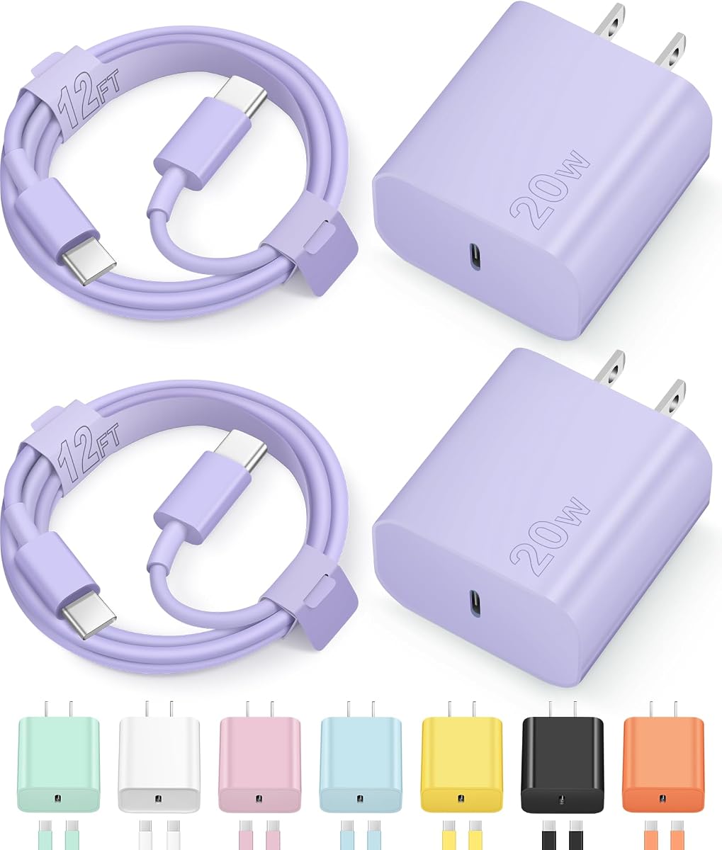 Cargador de 12 pies para iPhone 17 16 15 Cargadores de carga rápida tipo C Cargador USB C | para iPhones, iPads, tabletas, teléfonos Android, cargador de iPhone de 20 W, adaptador de corriente USB-C, con cables de carga USB-C extralargos (púrpura)