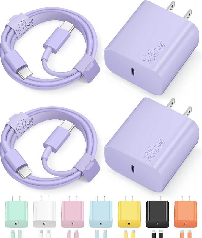 Cargador de 12 pies para iPhone 17 16 15 Cargadores de carga rápida tipo C Cargador USB C | para iPhones, iPads, tabletas, teléfonos Android, cargador de iPhone de 20 W, adaptador de corriente USB-C, con cables de carga USB-C extralargos (púrpura)