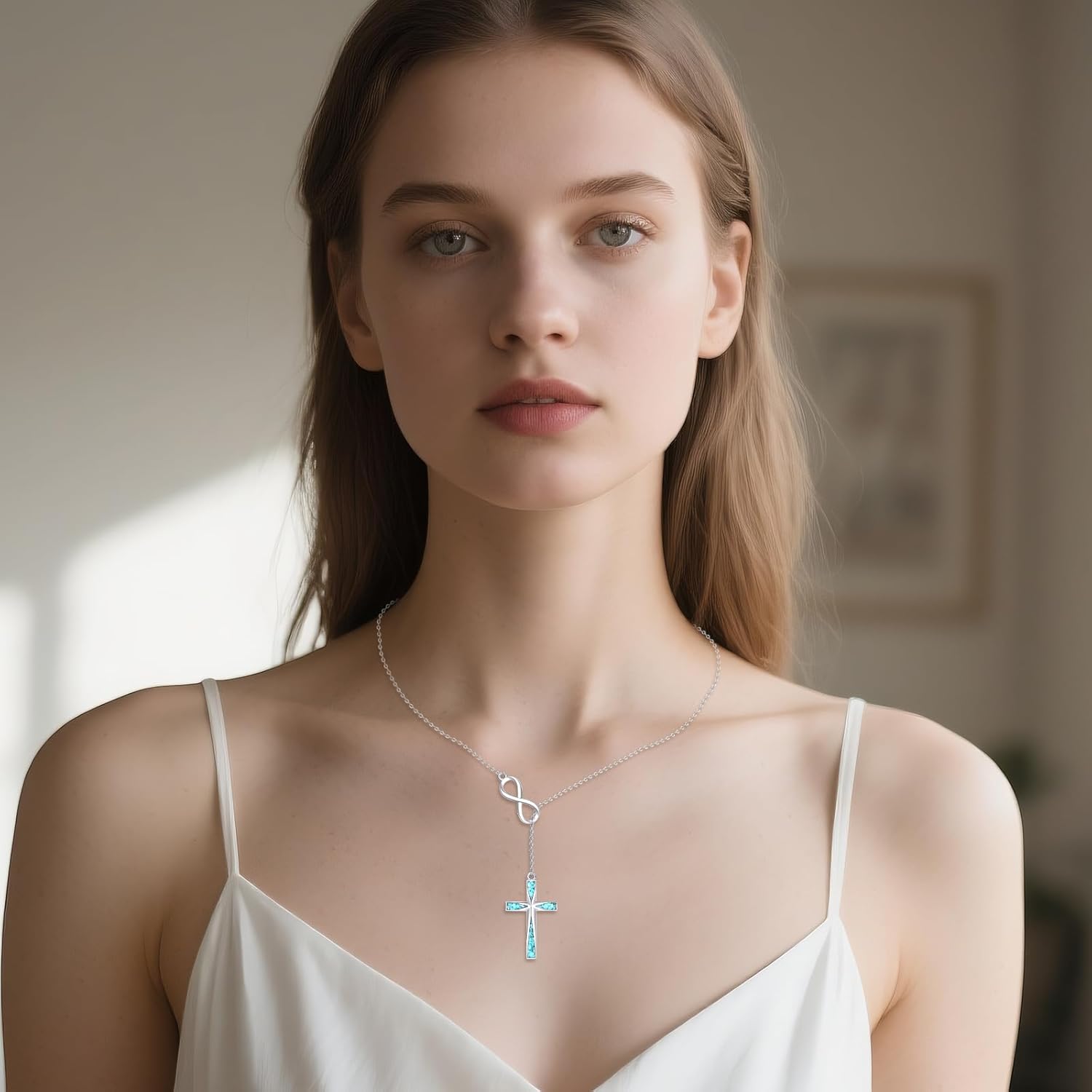 Cross Y Pendant Necklace 925 Sterling Silver Origami Turquoise Infinity Cross Pendant Christian Jewelry Gifts for Women Men