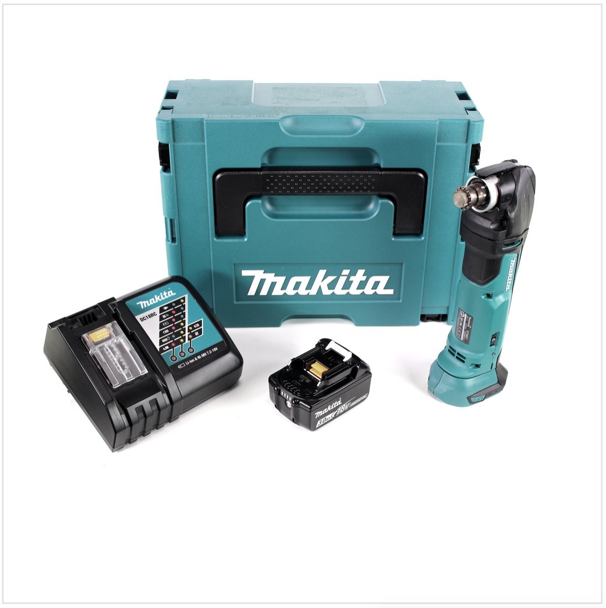 Makita DTM 51 RF1J 18V Li-Ion - Cortador de lijadora multifunción inalámbrico con carcasa Makpac + 1 batería BL 1830 3,0 Ah Li-Ion + cargador rápido DC 18 RC