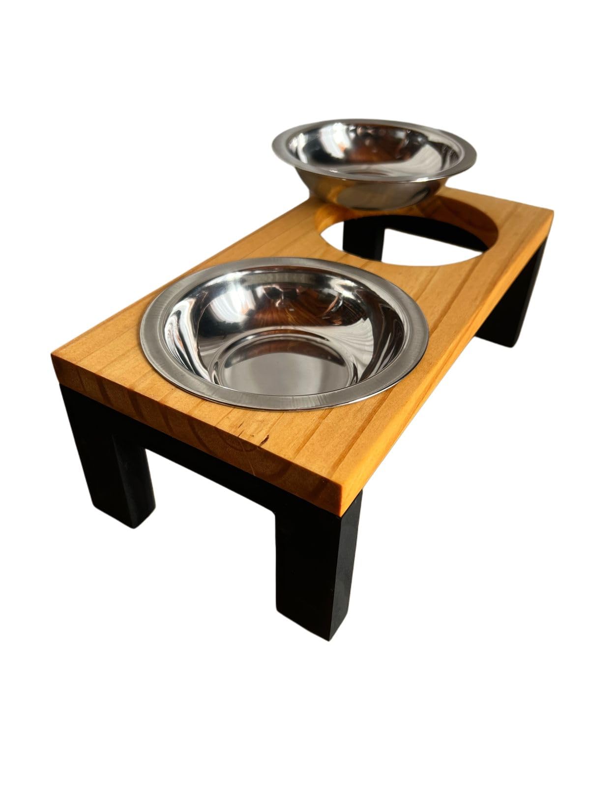 Comedouro Elevado Madeira Dois Potes Inox para Cachorro e Gato - PP