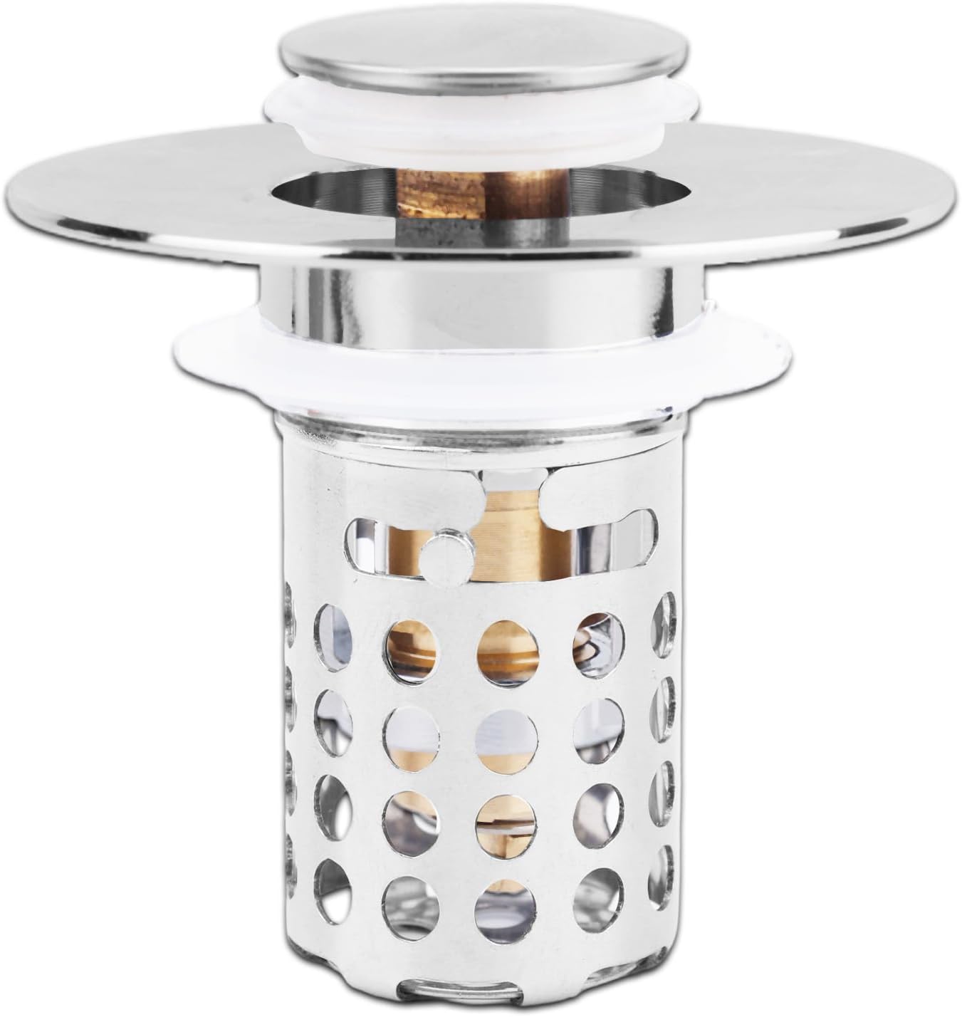 Universal Bathroom Sink Stopper, Stainless Steel Pop up Sink Plug with Removable Strainer Basket Anti Clog Floor Drain Filter Hair Catcher Accessories for Kitchen Bathroom Bath Tub Basin Waste