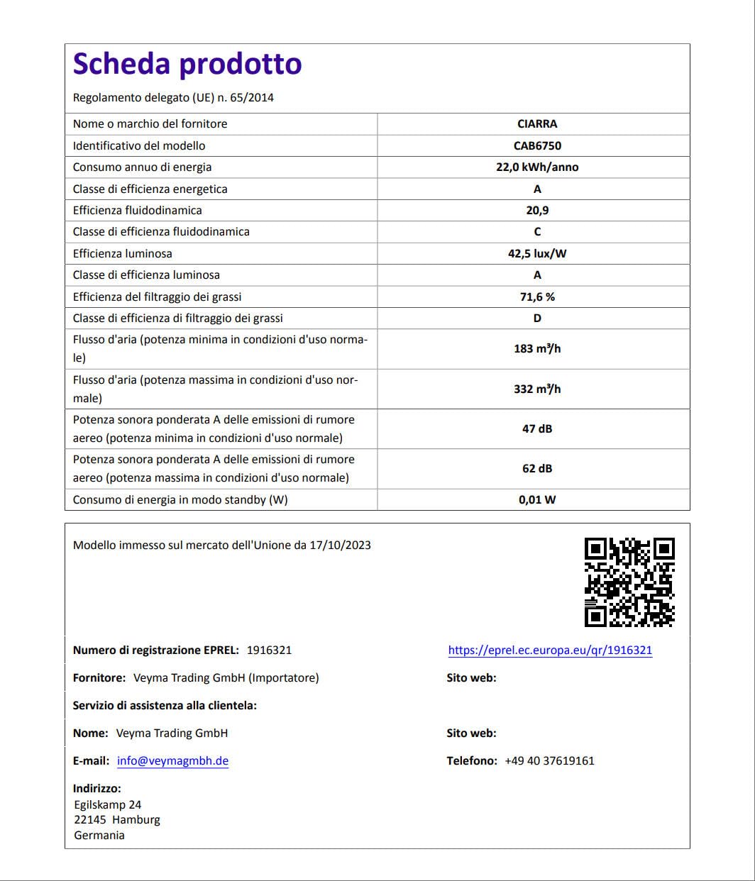 CIARRA Cappa Aspirante Inclinata 60cm 350m³/h CAB6750 Classe A 3 livelli Evacuazione Esterna/Ricircolo Interno Illuminazione LED,Nero
