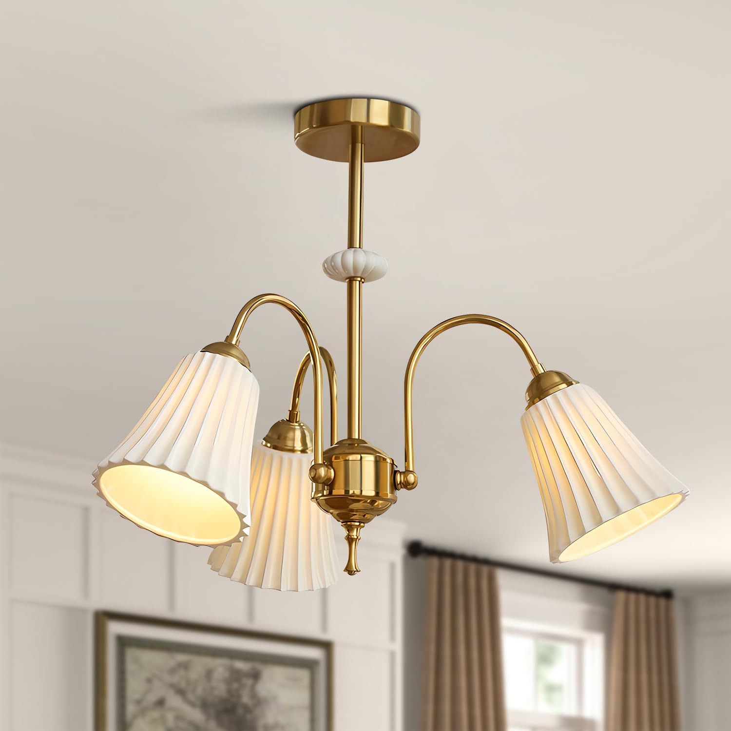 Ceramics Semi Flush Mount Chandelier Fixture Mid Century Brass Chandelier Vintage White Ceiling Light 3 Light Modern Large Chandelier for Living Room Hallway