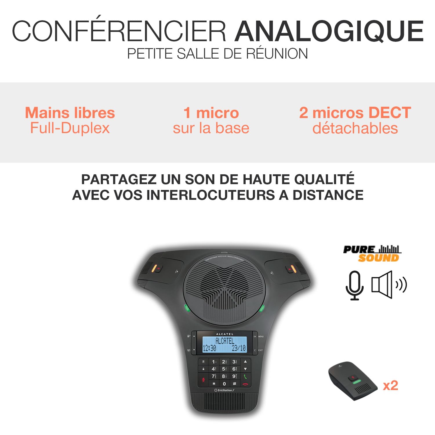 ALCATEL CONFERENCE 1500 - Système de conférence analogique de haute qualité audio - Bureau & télétravail - Petite salle de réunion - 2 micros DECT détachables - Mains libres Full-Duplex
