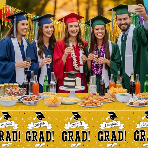 Image of 2Pcs 2026 Graduation Table Decorations, 108 inch X 54 inch Yellow Plastic Graduation Tablecover, Disposable Tablecover for Class 2026 Congrats Grad, Rectangle Tablecloth for Grad Decor Party Supplies for kids