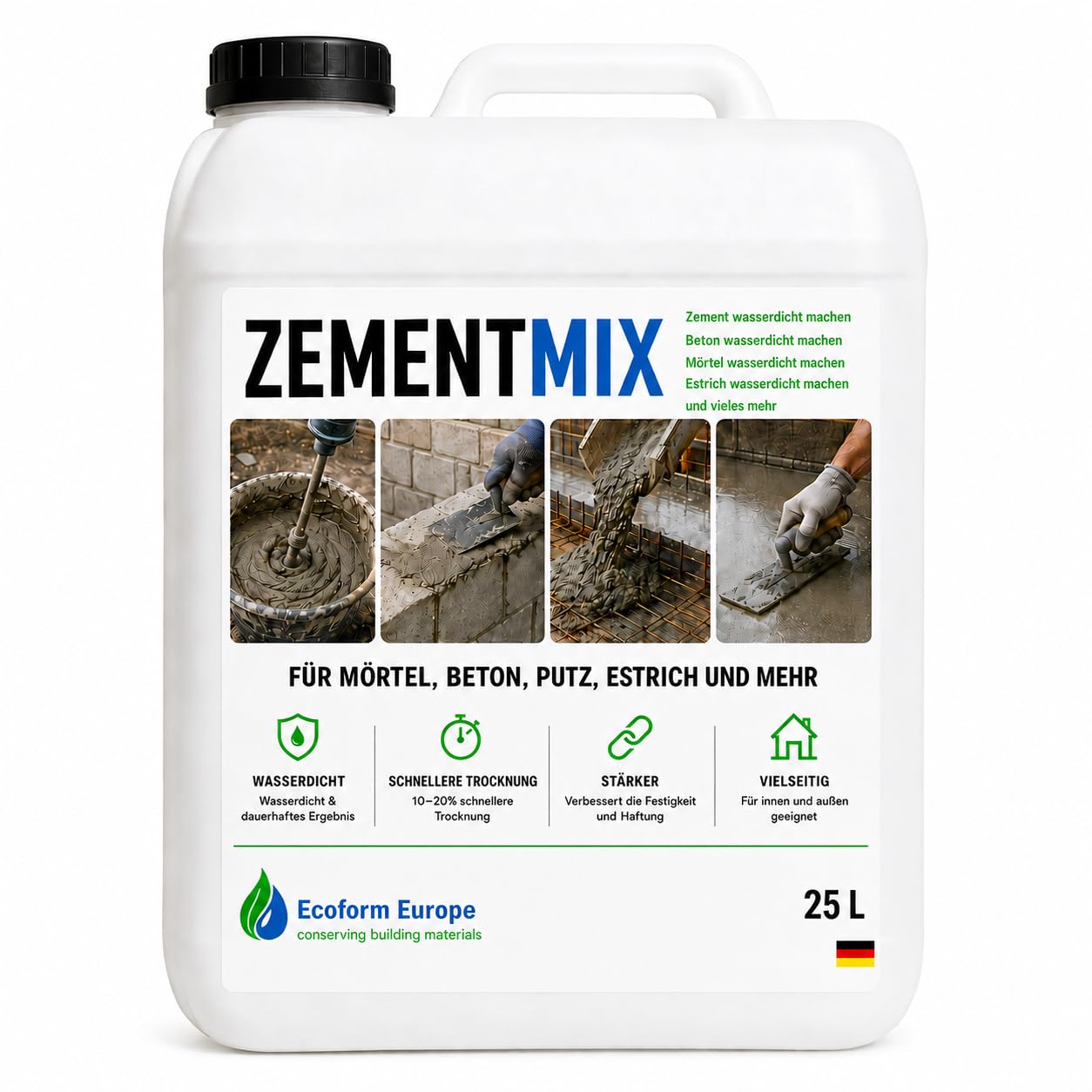 Zementmix 25 Liter – Beton wasserdicht machen – Zementzusatz gegen Feuchtigkeit – Für Keller, Beton, Mörtel und Estrich