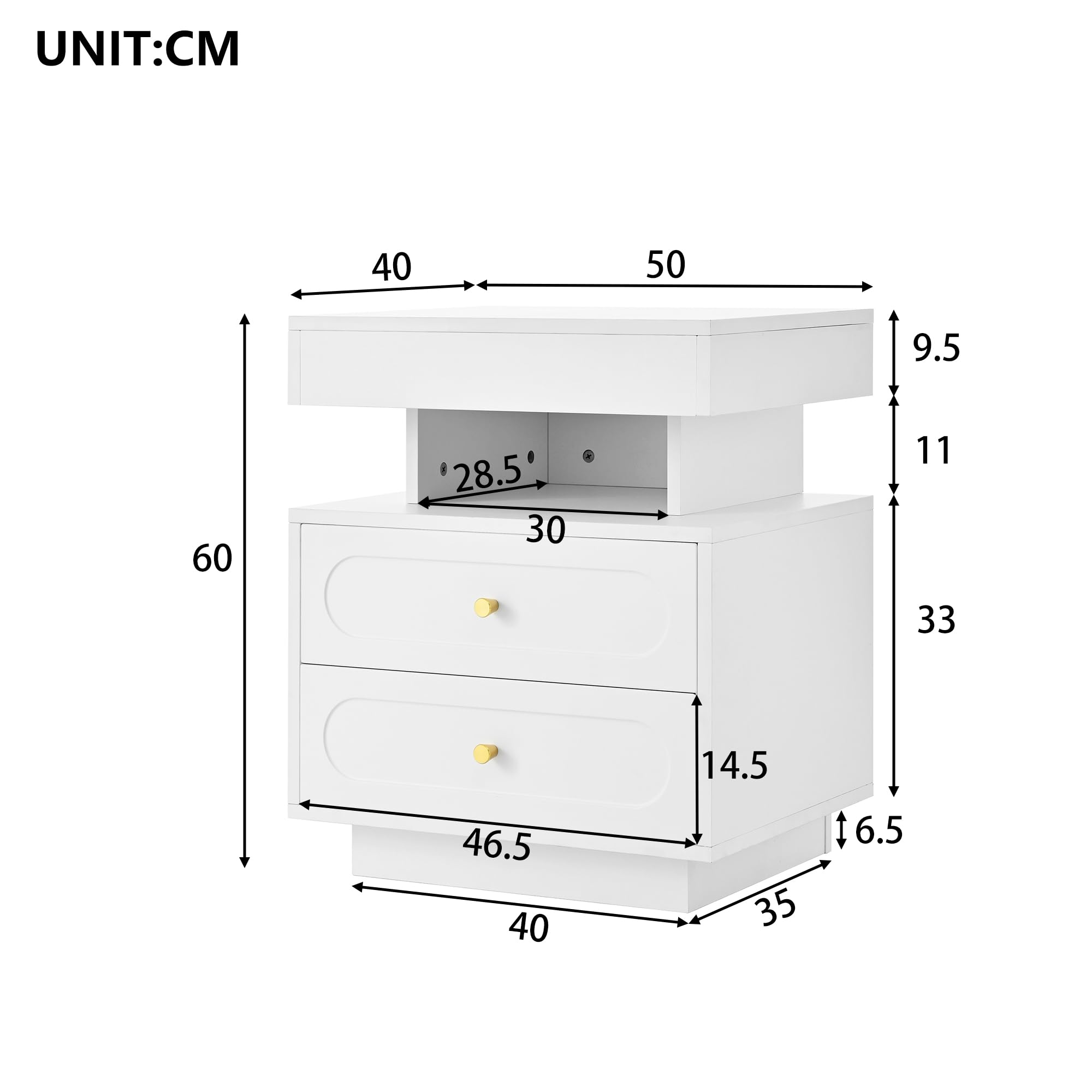 Mesita de noche con iluminación LED, cómoda de noche con 2 cajones, 1 espacio de almacenamiento abierto, blanco, ancho 50/T40/alto 60 cm