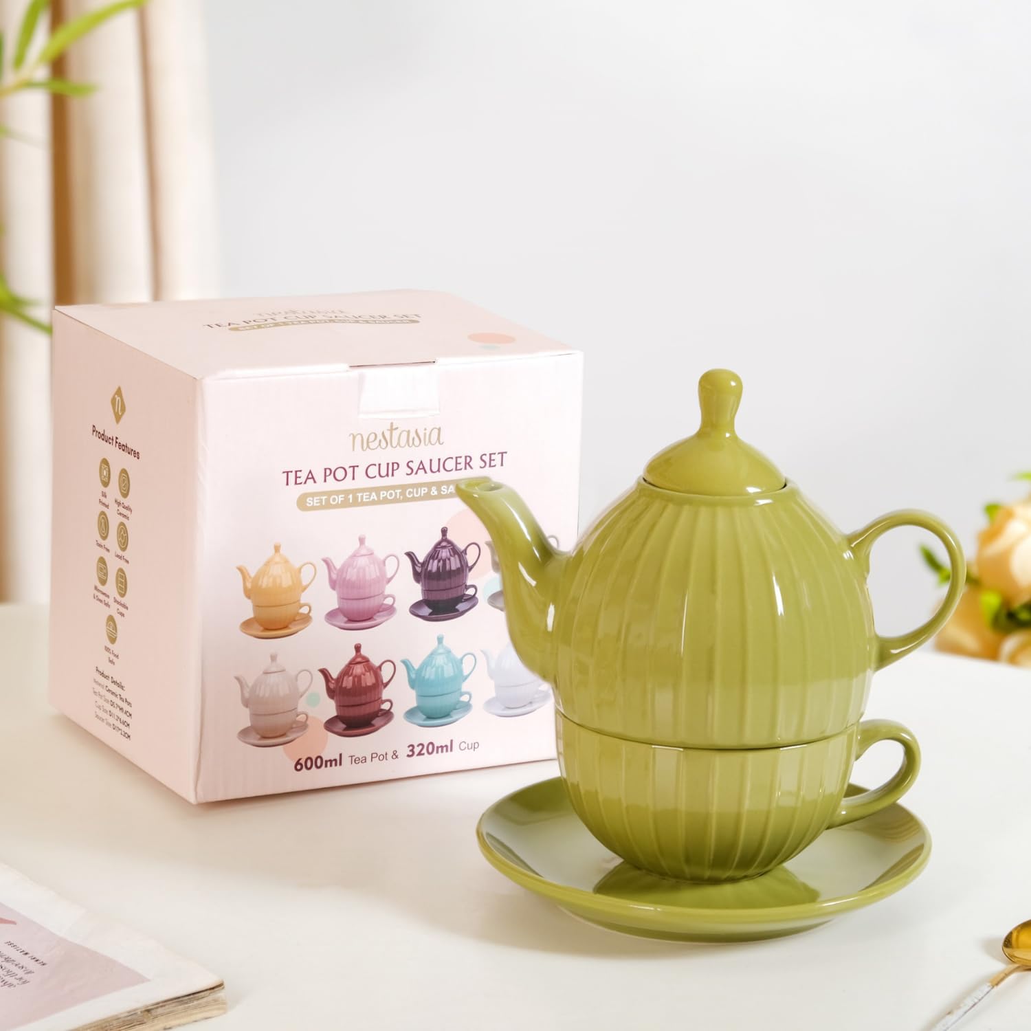 Nestasia Ceramic Tea Set for One (Olive Green) | Stackable, Ergonomic, Ribbed Design, BPA & Lead-Free, Cup and Saucer Set with Kettle | Perfect for Tea, Coffee & Gifting 1