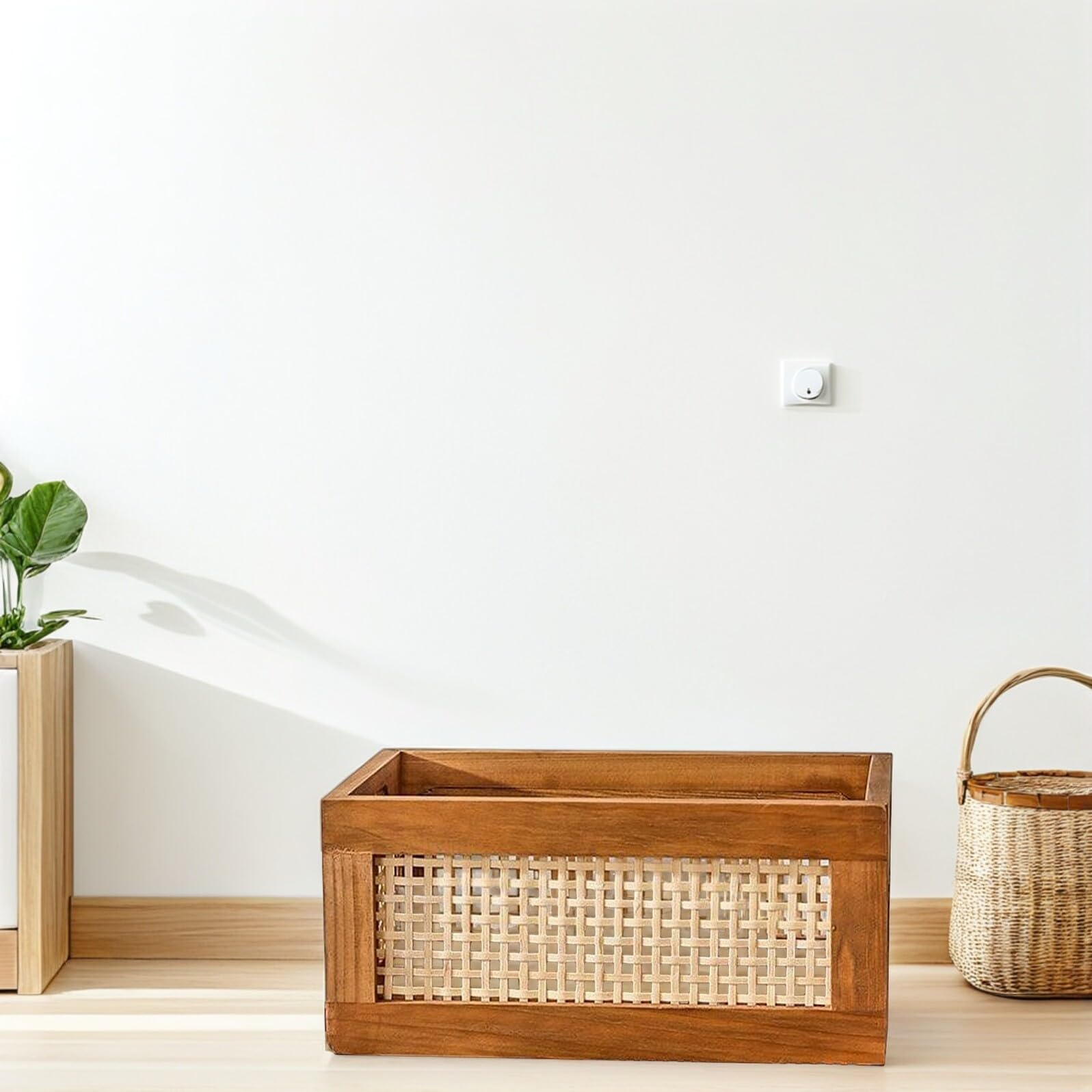 VICASKY Cesto Portaoggetti in Legno e Bambù Design Intrecciato, Leggero e Facile da Maneggiare, per Organizzare Cosmetici e Oggetti da Scrivania, Dimensioni 35x25x16cm