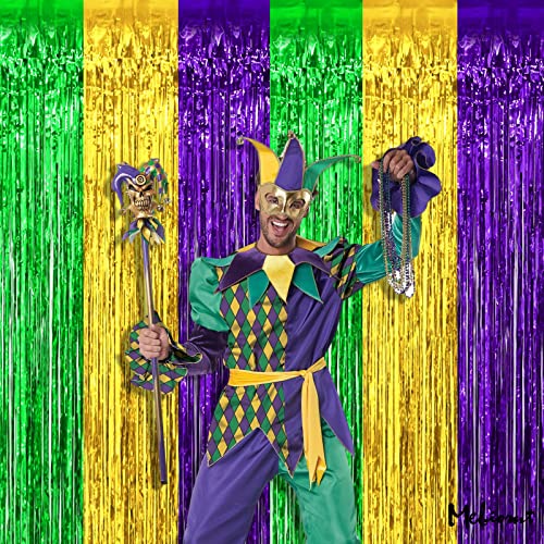 Image of 4 Pack 3.2Ft x 9.8Ft Mardi Gras Fringe Curtain Backdrop, Gold Green Purple Metallic Tinsel Foil Fringe Streamers Curtains Background for Photo Booth Birthday Wedding Carnival Party Decorations