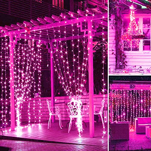 QQY Solar Curtain Light, 3m x 3m 300 LED 8 Modes Remote Control Waterproof Solar Fairy Lights Outdoor Curtain String Lights for Gazebo Patio Party Festival Decorations (Pink) — image 1