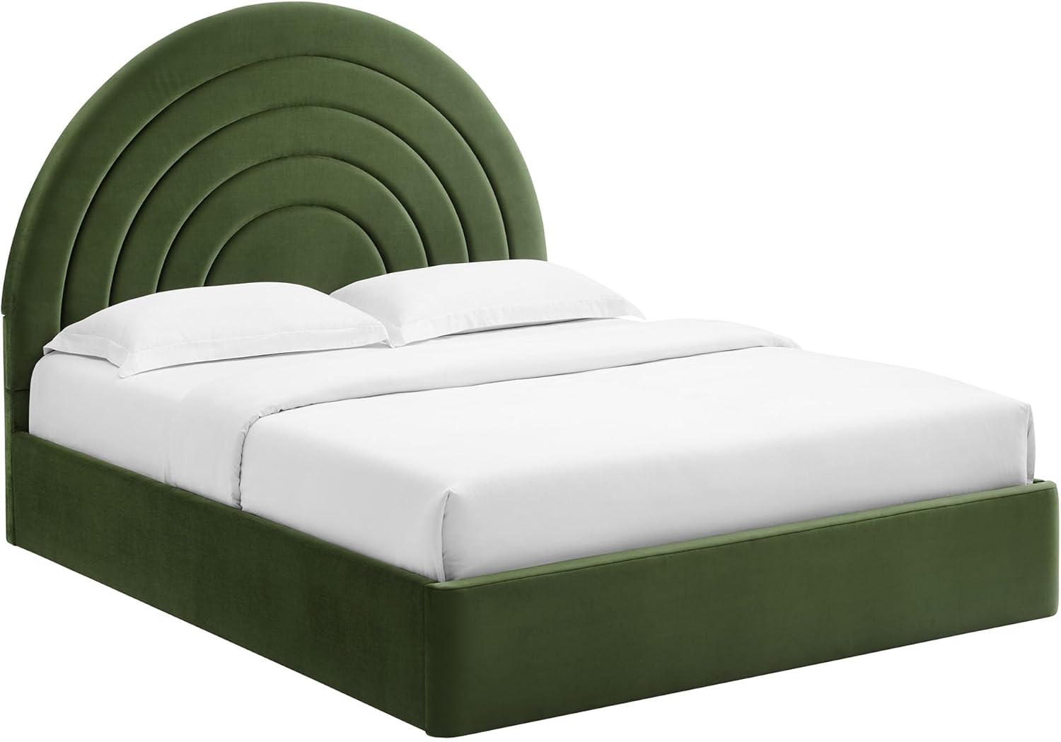 Modway Solana Full Size Performance Velvet Platform Bed in Moss Green – Upholstered Double Bed Frame with Soft Arch Shaped Padded Headboard – Plinth Base Platform Bed Frame