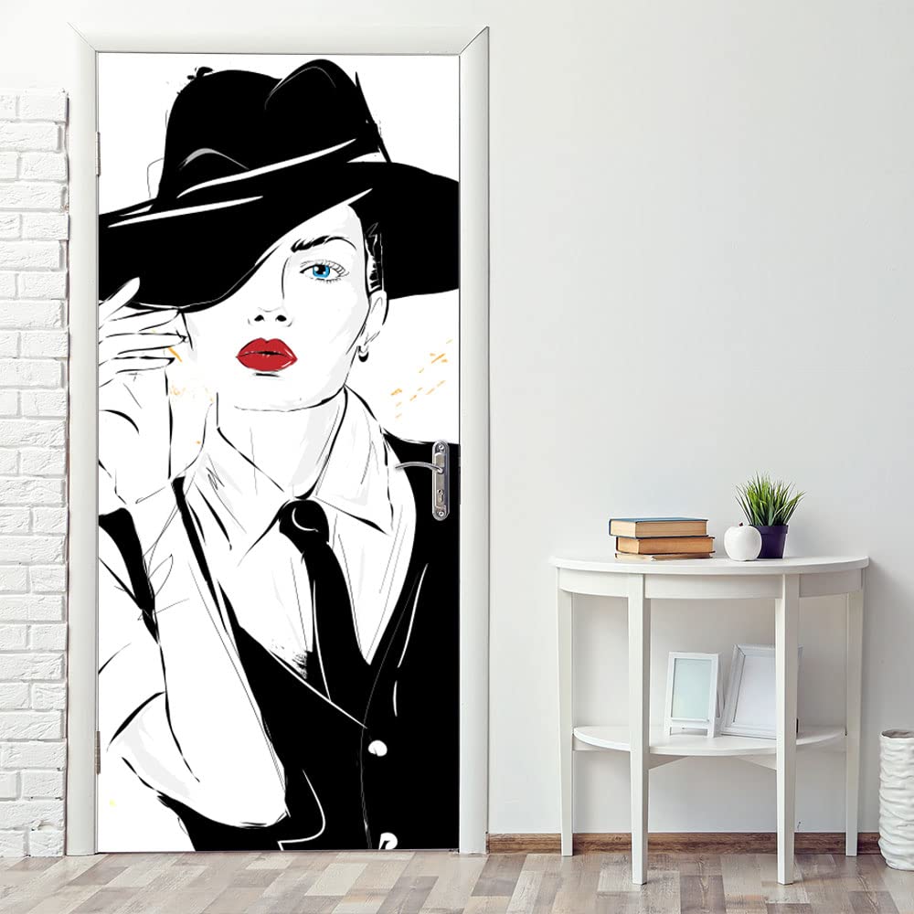 Autocollants portes PVC Femme avec chapeau 2 revêtement adhésif 95x210