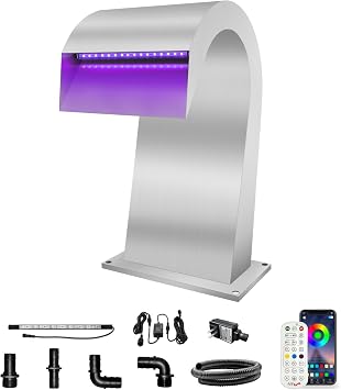 LONGRUN Waterfall Spillway Stainless Steel S-Shaped Pool Fountain, RF & APP Controled Colorful LED Light Pond Waterfalls for Indoor Outdoor Garden Rockery Koi Pond Swimming Pools-12.6" Height