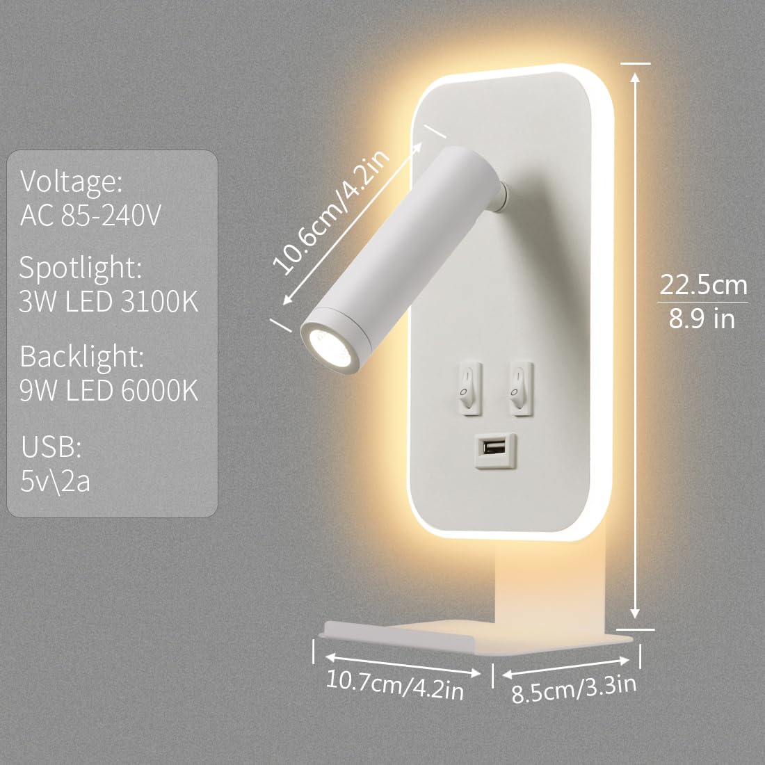 Lampada da Parete a LED, Lampada da Lettura da Comodino, Con porta di ricarica USB e vassoio per telefono, Faretto Regolabile con Luce Ambientale per Camera da Letto (3W 3100K+9W 6000K) Bianco