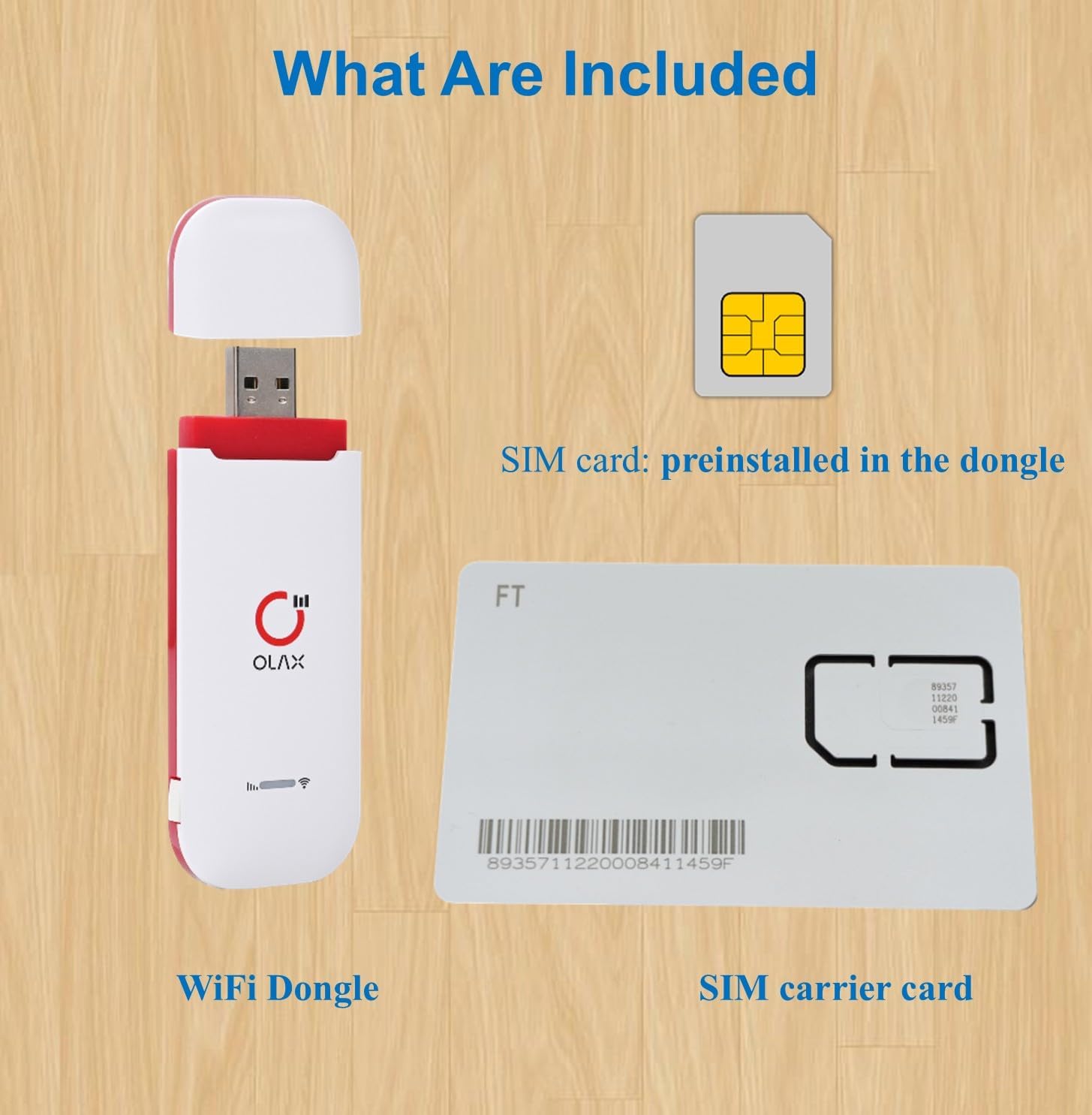 Contents of the box: a white and red USB WiFi dongle and a SIM carrier card with a pre-installed SIM.