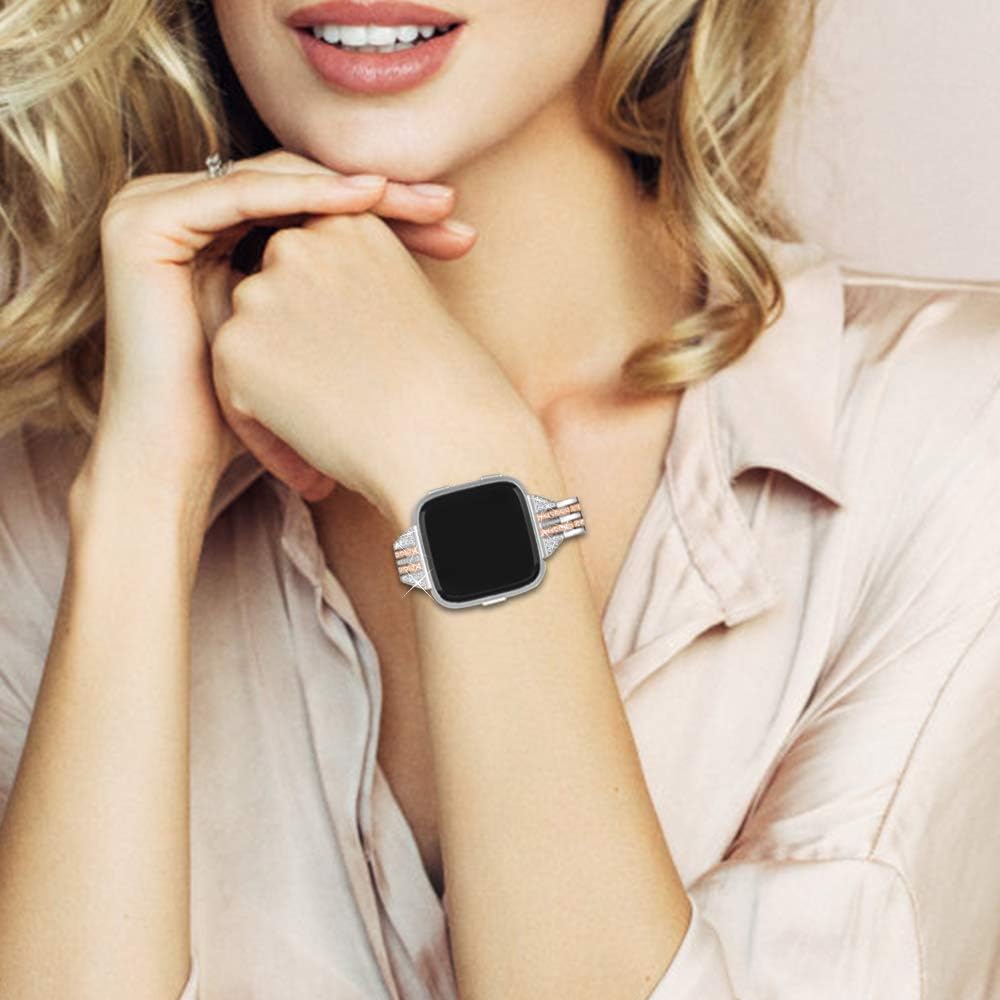 JOYOZY Chic Bling Bands Compatible with Fitbit Versa/Versa 2/Versa Lite/Versa SE Smartwatch,Rhinestone Dressy Bracelet Replacement for Wristbands Jewelry Strap Women Girl Sliver&Copper Gold