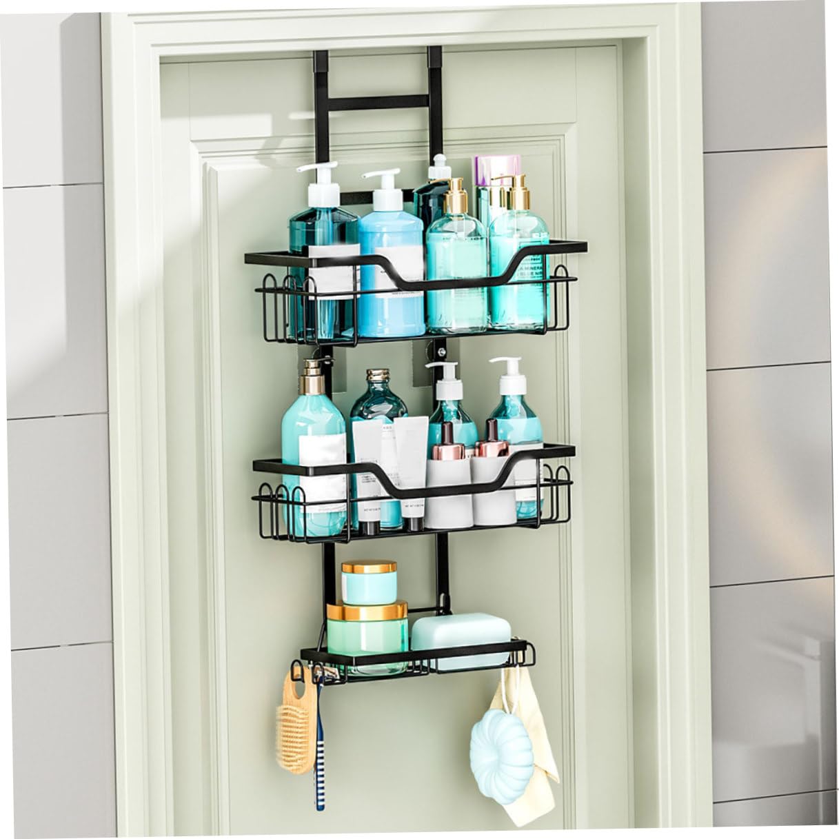 Toyvian Tür Hängeregal Metall Duschkorb Organizer Schwarz Mesh design für Bad Küche Büro Platzsparend und Rostfrei Vielseitige Aufbewahrung für Handtücher Shampoo Kosmetik