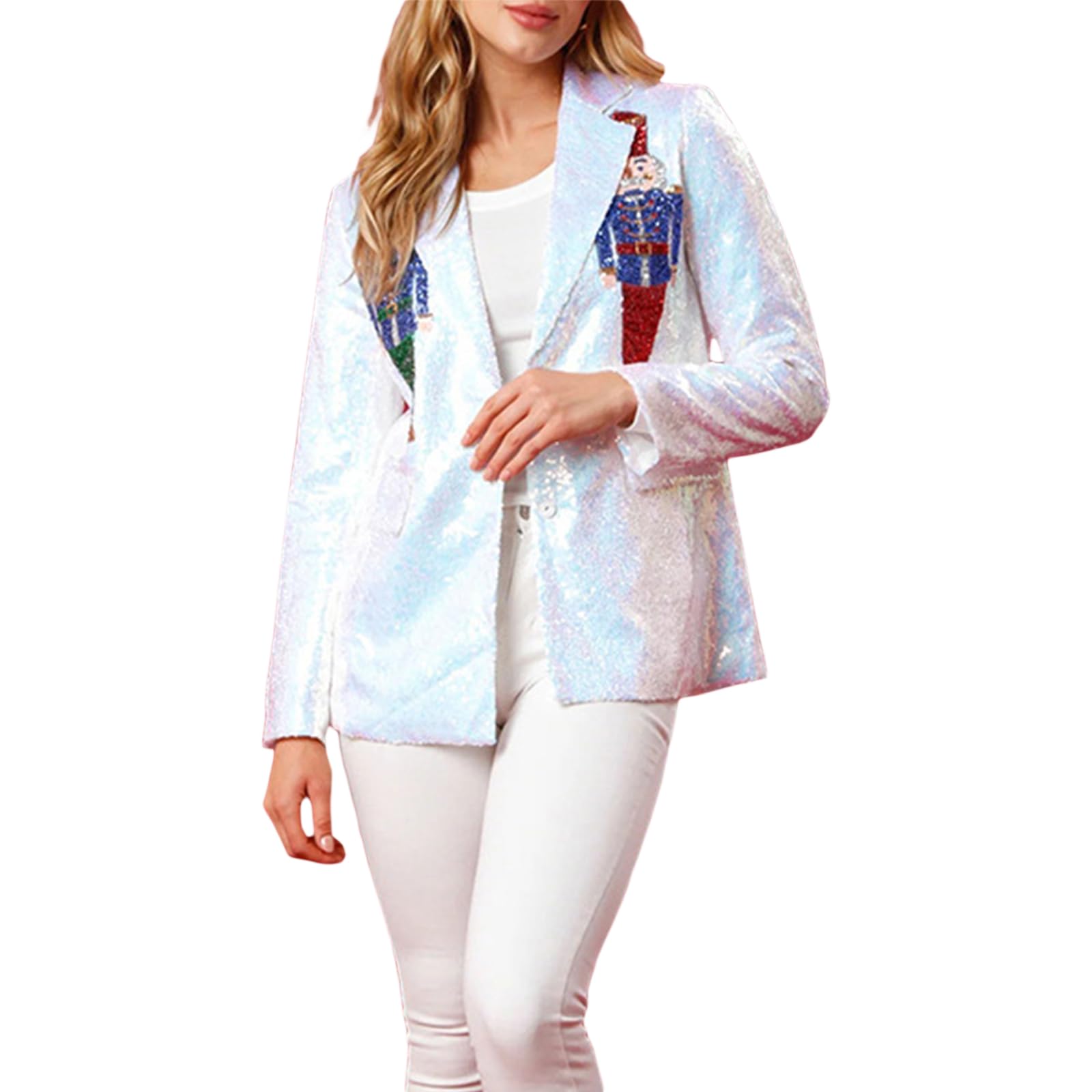 Womens Glitter Jacket Christmas Sequined Nutcracker Shiny Blazer Holiday Sparkly Coat Rave Outfits