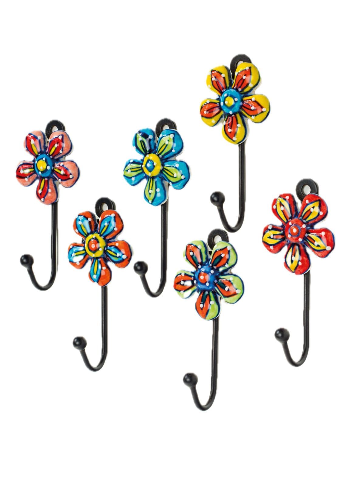 LK Trend & Style Handbemalte Keramik-Wandhaken mit Gänseblümchen-Motiv, 7 x 12 x 3 cm, 6 Stück, Mehrfarbig (6)