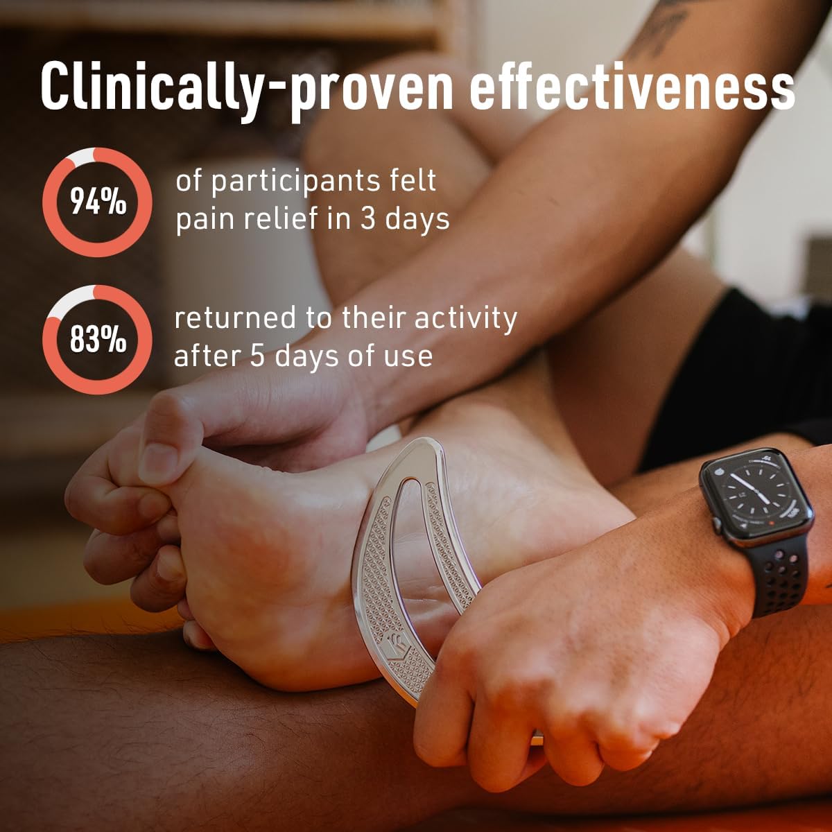 Man using the SIDEKICK Eclipse Muscle Scraper on the arch of his foot to relieve pain.