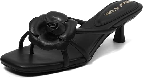 Shoe'N Tale Women's Floral Heeled Sandals Kitten Heel Flip Flop Mules Strappy De