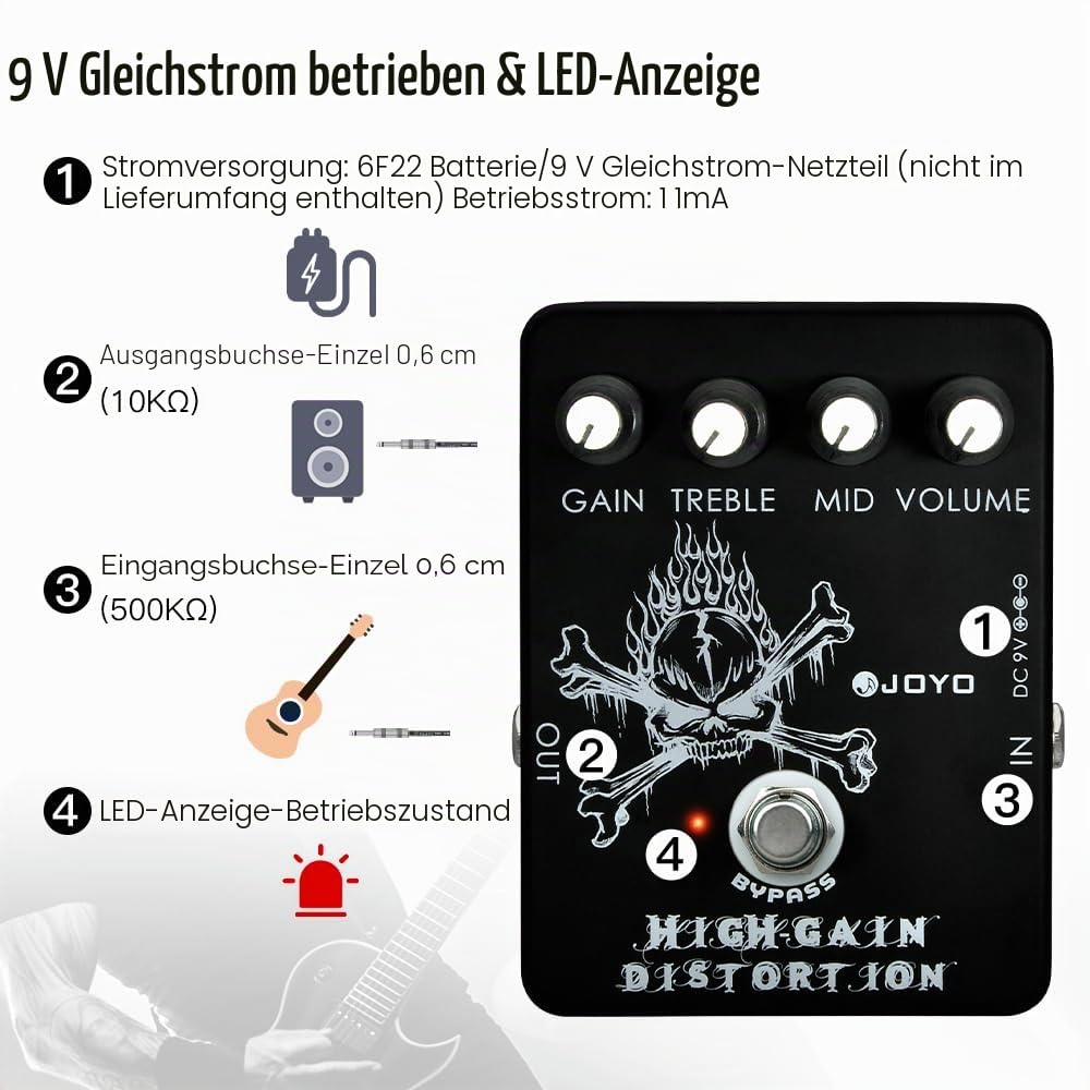 JOYO High Gain Distortion Pedal von AC/DC Crunch bis Heavy Metal mit Full Range EQ für E-Gitarre (JF-04)