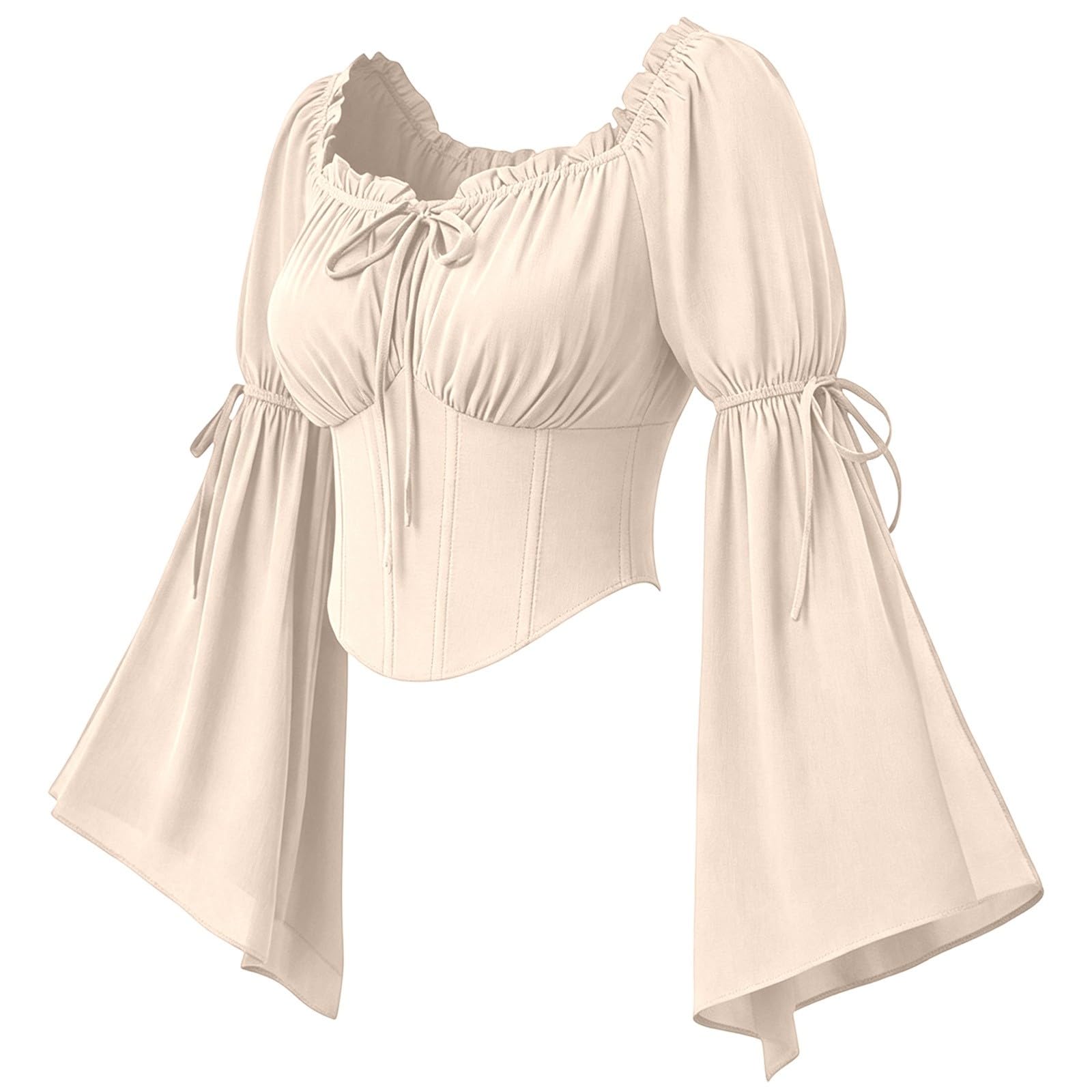 Halloween Costumes Women's Medieval Corset Top Flared Split Sleeve Laced Bodice Festival Blouse (Beige, S)