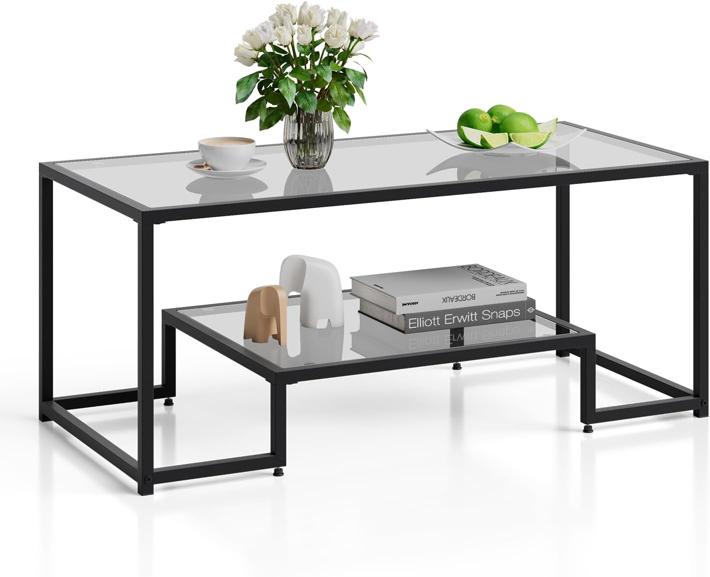 COSTWAY 45” Glass Coffee Table, 2Tier Rectangular Accent Table with