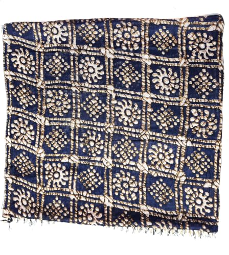 Image of Batik Print Dupatta for Women | Navy Blue and White Floral Geometric Pattern | Cotton Stole