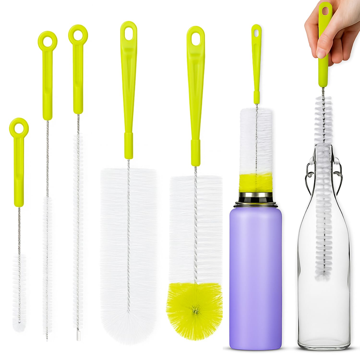 AMERTEER Bottle Cleaning Brush Set | 5Pcs Long Handle Bottle Cleaner for Narrow Neck, Beer, Baby & Sports Bottles, Kettle Spout, Lid & Straw Cleaning Brush | (6"x2.5", 13"x0.4", 10.5"x1"(Green))
