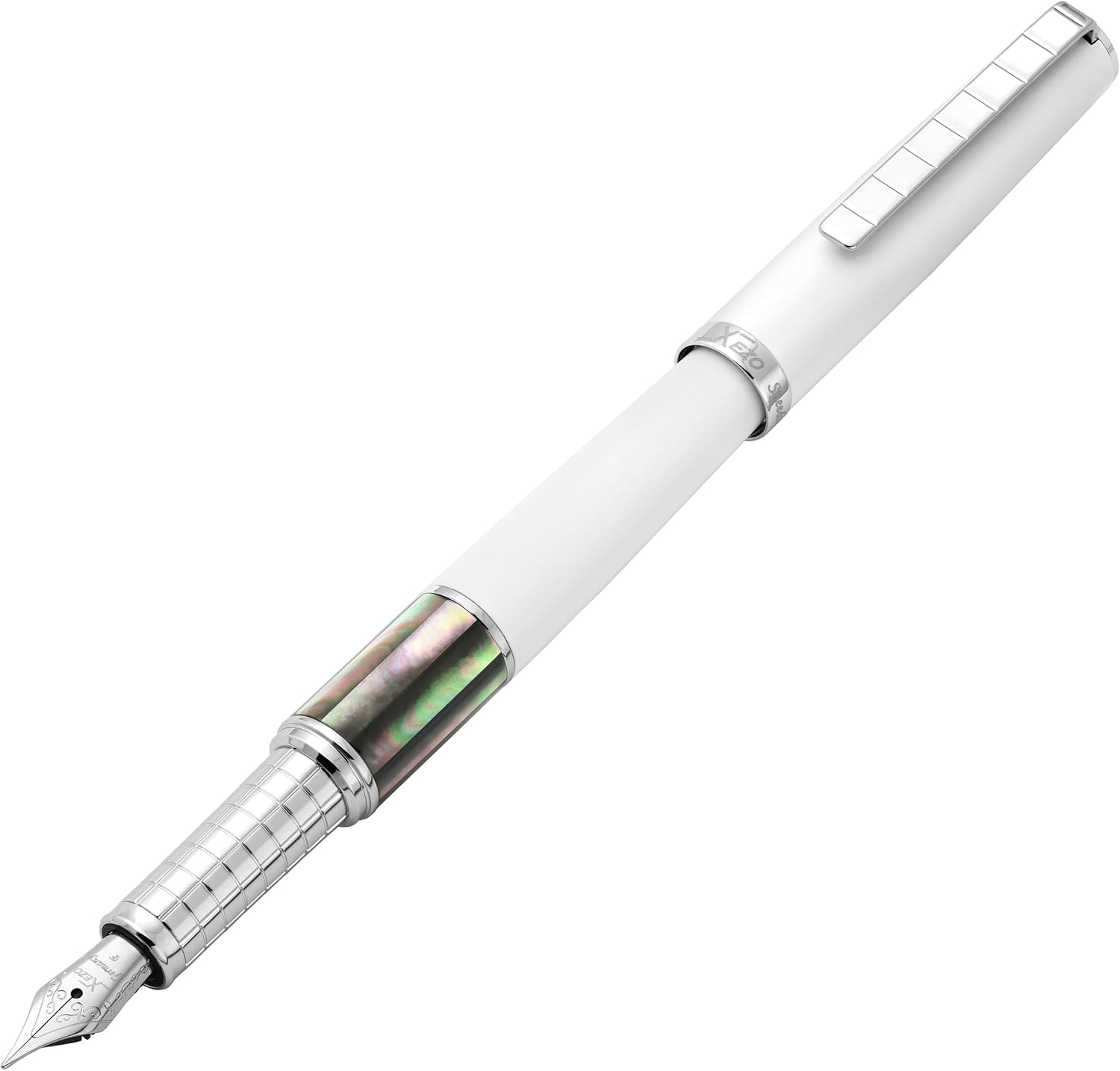 Xezo Speed Master Fountain Pen, Fine Nib. Matte White Color with Tahitian Black Mother of Pearl. Chrome Plated. Lightweight Brass Body. No Two Alike. Etched With a Serial Number