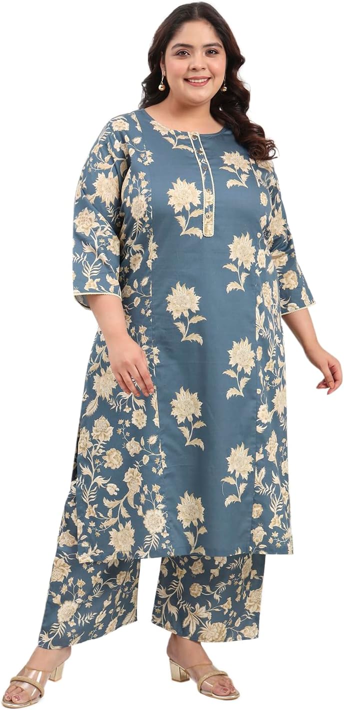 Tissu Women's Plus Size Cotton Satin Grey Floral Printed Kurta with Palazzo