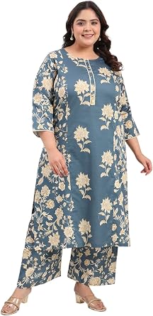 Tissu Womens Plus Size Cotton Satin Grey Floral Printed Kurta with Palazzo